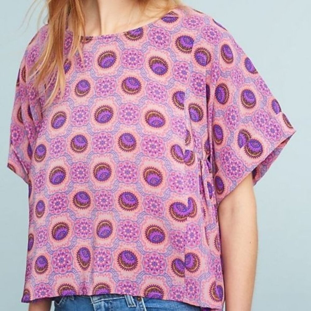 Anthropologie Maeve Milla Printed Pink Floral Short Sleeve Bohemian Top Size XS